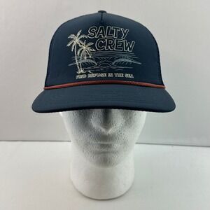 Salty Crew Blue Trucker‎ Hat Palm Tree Graphic Find Refuge in the Sea Mens